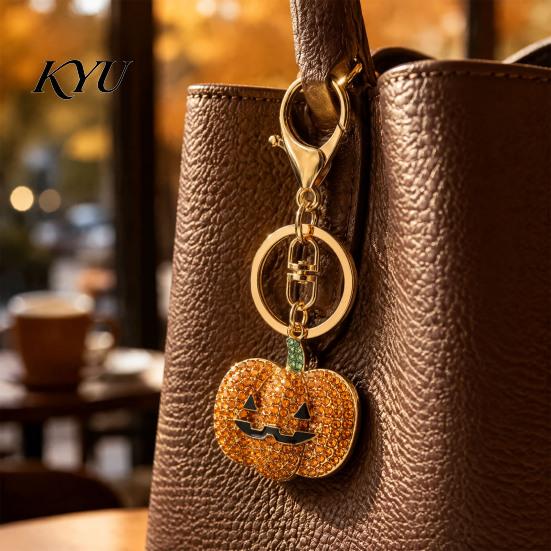 Zinc Alloy Keychain Halloween Rhinestone Pumpkin Keychain, Ghost Witch Hat Spider Web Cat Party Favors Bag Charm, Car Key Ring for Handbags Backpacks