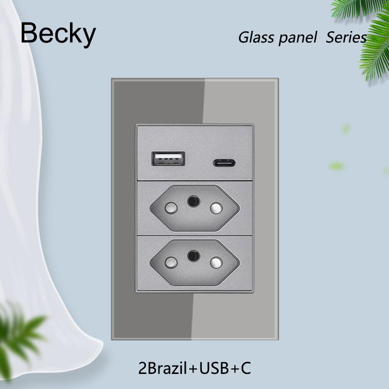Glass Panel Brazil Registered Jack Dual Usb C- Type Light Switch Office Wall Power Socket 118 * 72mm Grey Fiberglass 20a 10a