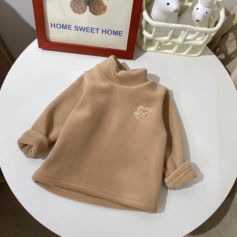 Детская бархатная утолщенная основа осенне-зимняя одежда для девочек, теплая толстовка с высоким воротом для мальчиков и медведей, милый пуловер с вышивкой медведя