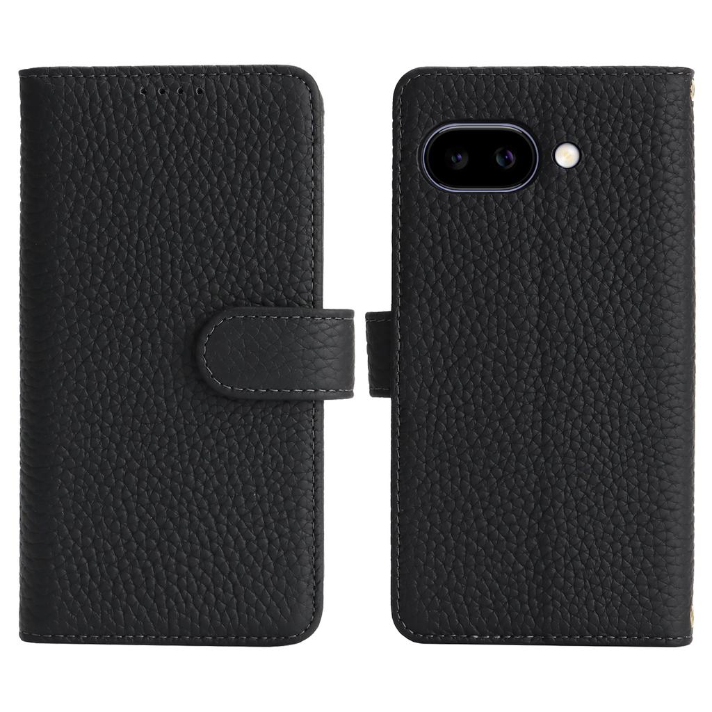 For Google Pixel 9a Stand Case Litchi Texture Genuine Cow Leather Wallet Phone Cover RFID Blocking