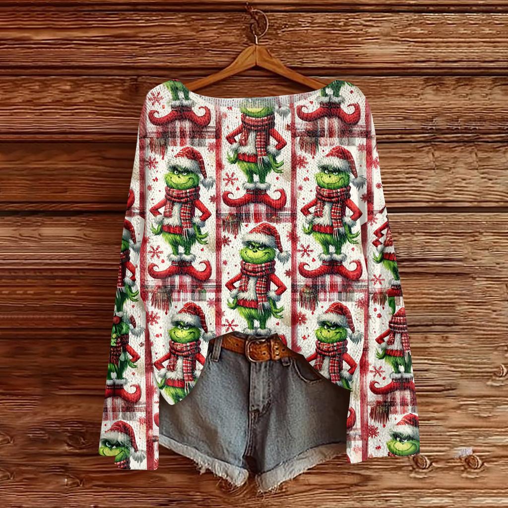 Women's Fashion Round Neck Long Sleeve Christmas Print Casual Knit Pullover Top