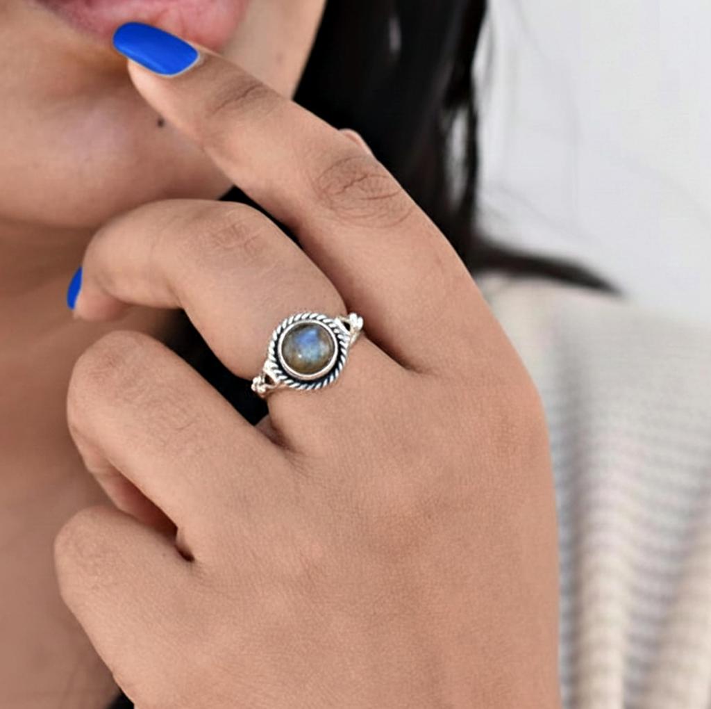 Labradorite 925 Sterling Silver Ring for Women – Natural Blue Flash Gemstone Ring, Boho Handmade Statement Jewelry