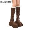 Platform Flats Women Knee High Boots Leather Shoes Luxury Brand  Winter New Fashion Chelsea Boots Motorcycle Zip Botas Mujer