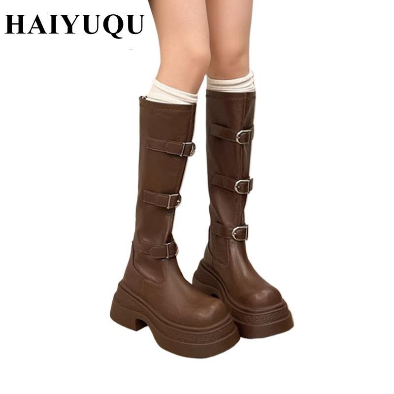 Platform Flats Women Knee High Boots Leather Shoes Luxury Brand  Winter New Fashion Chelsea Boots Motorcycle Zip Botas Mujer