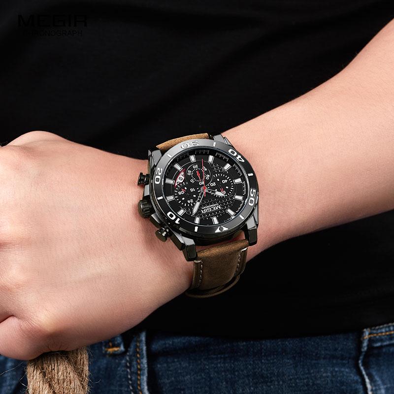 Men's Army Sports Chronograph Quartz Watches Leather Strap Luminous Waterproof Wristwatch Man Relogios Clock 2094 Silver