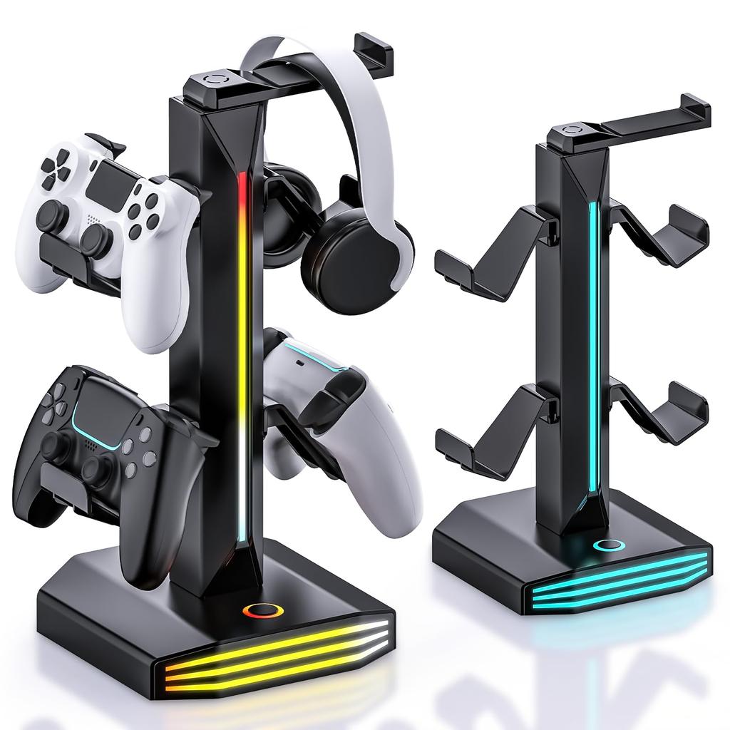 Универсальный игровой контроллер Совместимый с и с RGB подставкой для наушников и настольным черным держателем, PS5, Xbox, Switch, Многоцветное освещение, Органайзер,