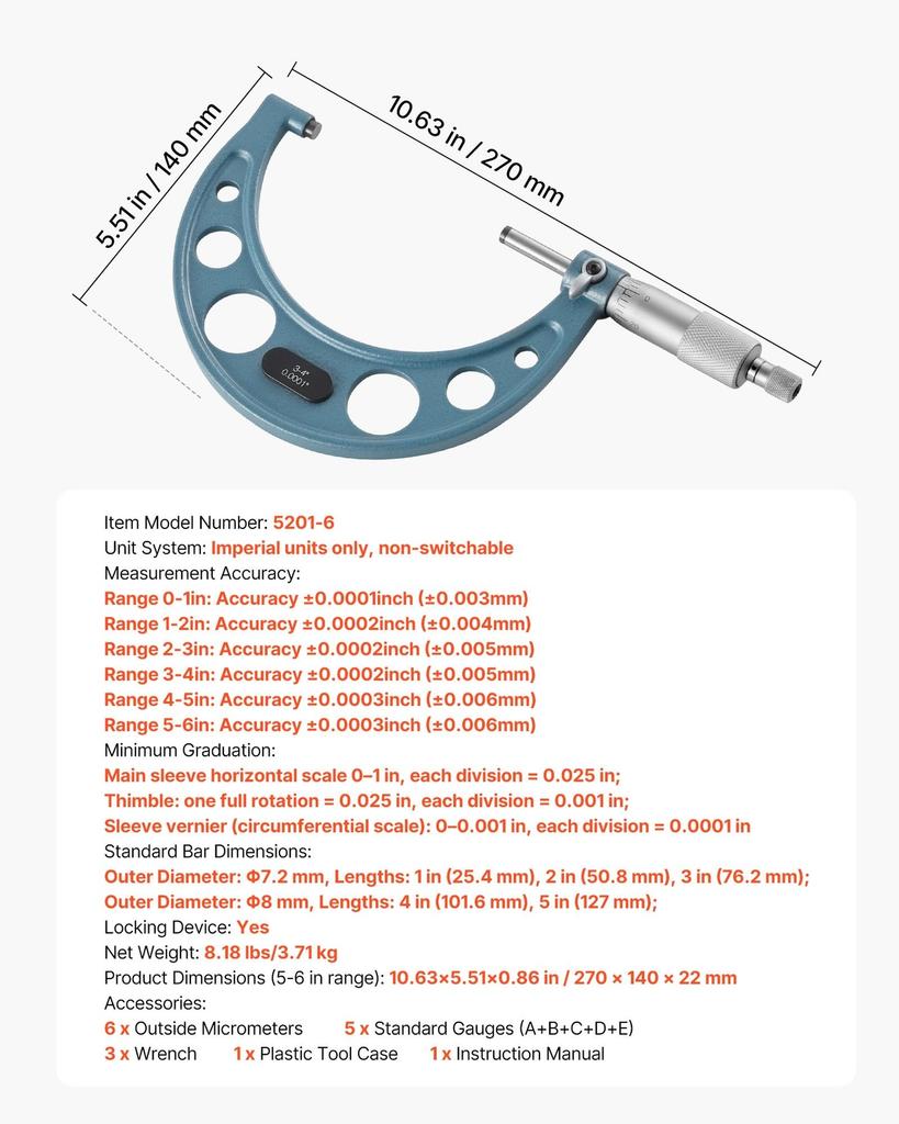 6 PCS Micrometer Set, 0-1/1-2/2-3/3-4/4-5/5-6/in Machinist Outside Micrometer, Precision Accuracy, Professional Machinist Tools with Protective Case,
