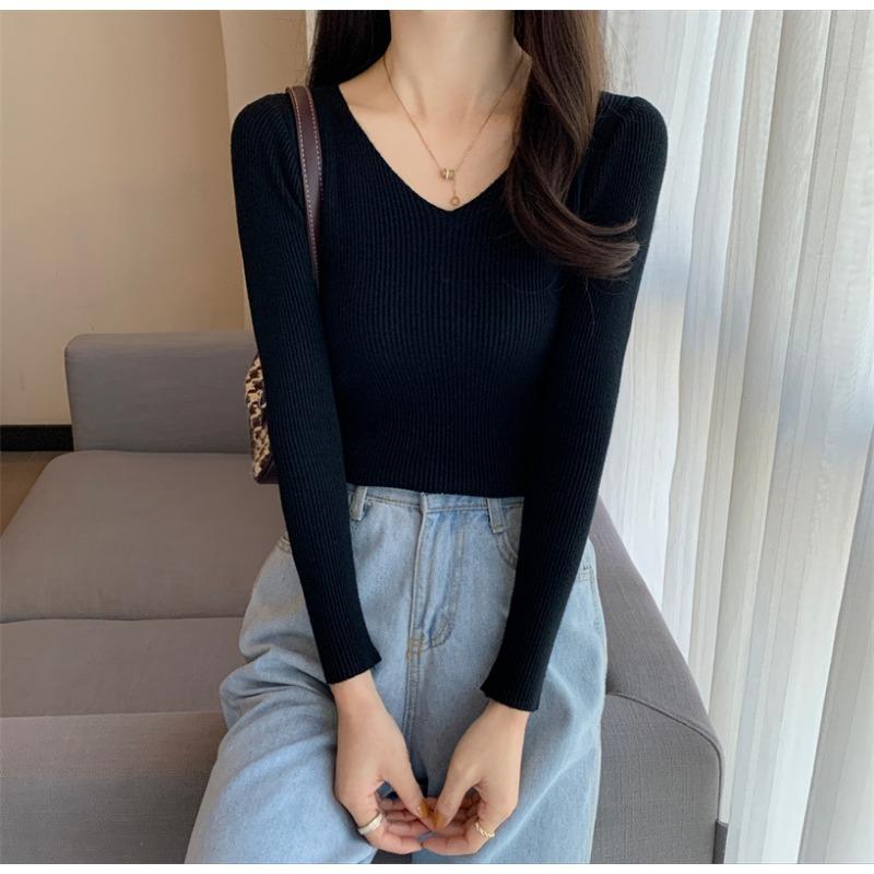 Новый V-образный вырез, облегающий, универсальный, короткий, однотонный, с длинными рукавами, свитер, вязаный снизу, свитер для женщин