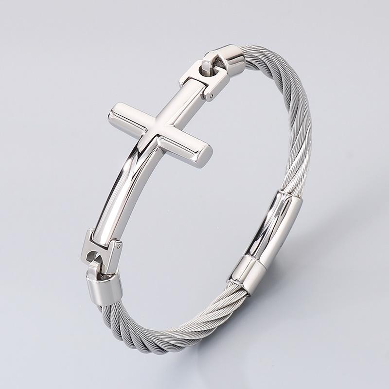 Chunky Stainless Steel Wire Chain Bangle Men's Personalized Classic Cross Bracelet Jewelry Gothic Vintage Black Accessory