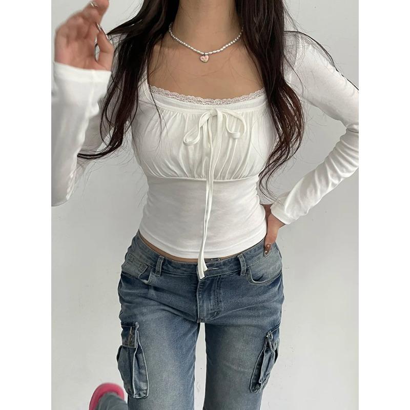 Ruched Tie Lace Trim Square Collar Slim Long Sleeve White Y2K T Shirt Women Cute Japanese Kawaii Clothing