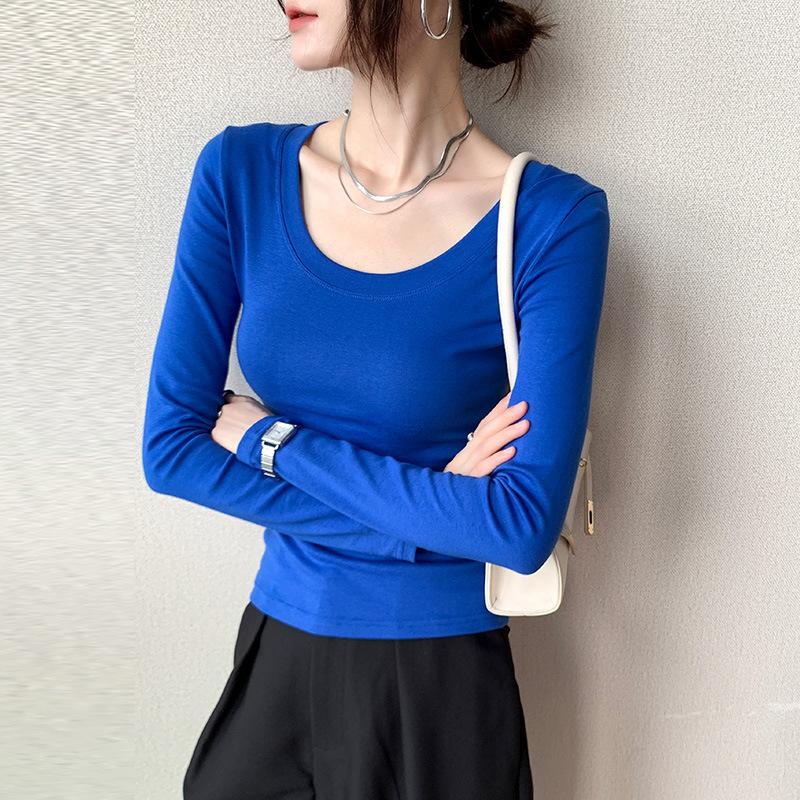 Pure Cotton Long-sleeved Women's T-shirt, Shoulder, Autumn New Style, Slimming, Solid Color, Large Size Top, Bottoming Shirt