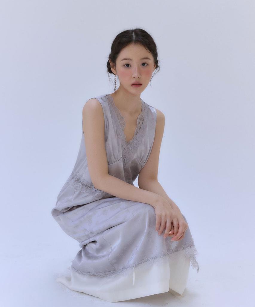 Auro Satin Lace Layered Slip Dress [ Pale Gray ]