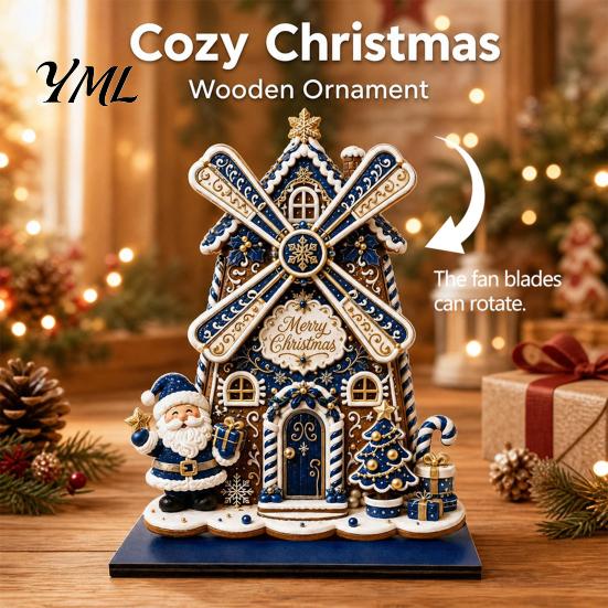 Wooden Holiday Tabletop Ornaments Christmas Windmill Ornament, 2D Rotating Decoration, Santa Gift for Family Centerpiece Table Mantel Shelf