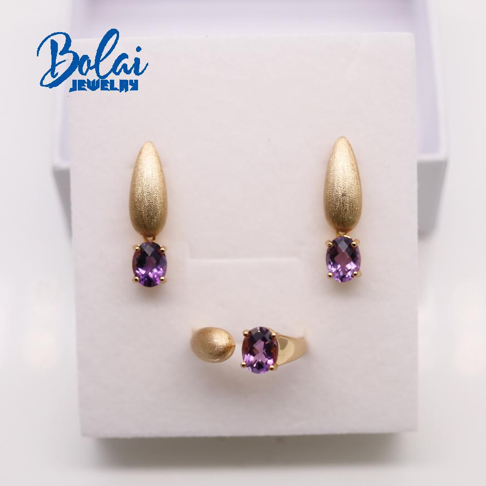 Bolaijewelry Checkboard Cut Natural Amethyst Oval 6*8mm Gemstone Ring Earrings Jewelry Set 925 Sterling Silver Fashion Women's Fine Jewelry
