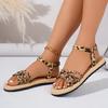 Fashion New Arrival Leopard Print Flat Sandals For Women Summer Leisure Sandals Elastic Back Band Big Size 43 Female Daily Walking Flats