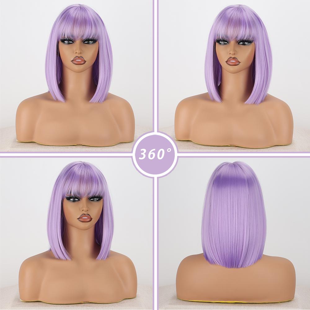 MISS WIG Женский короткий прямой фиолетовый парик до плеч с челкой из синтетического волокна, натуральный прямой парик Боб для косплея