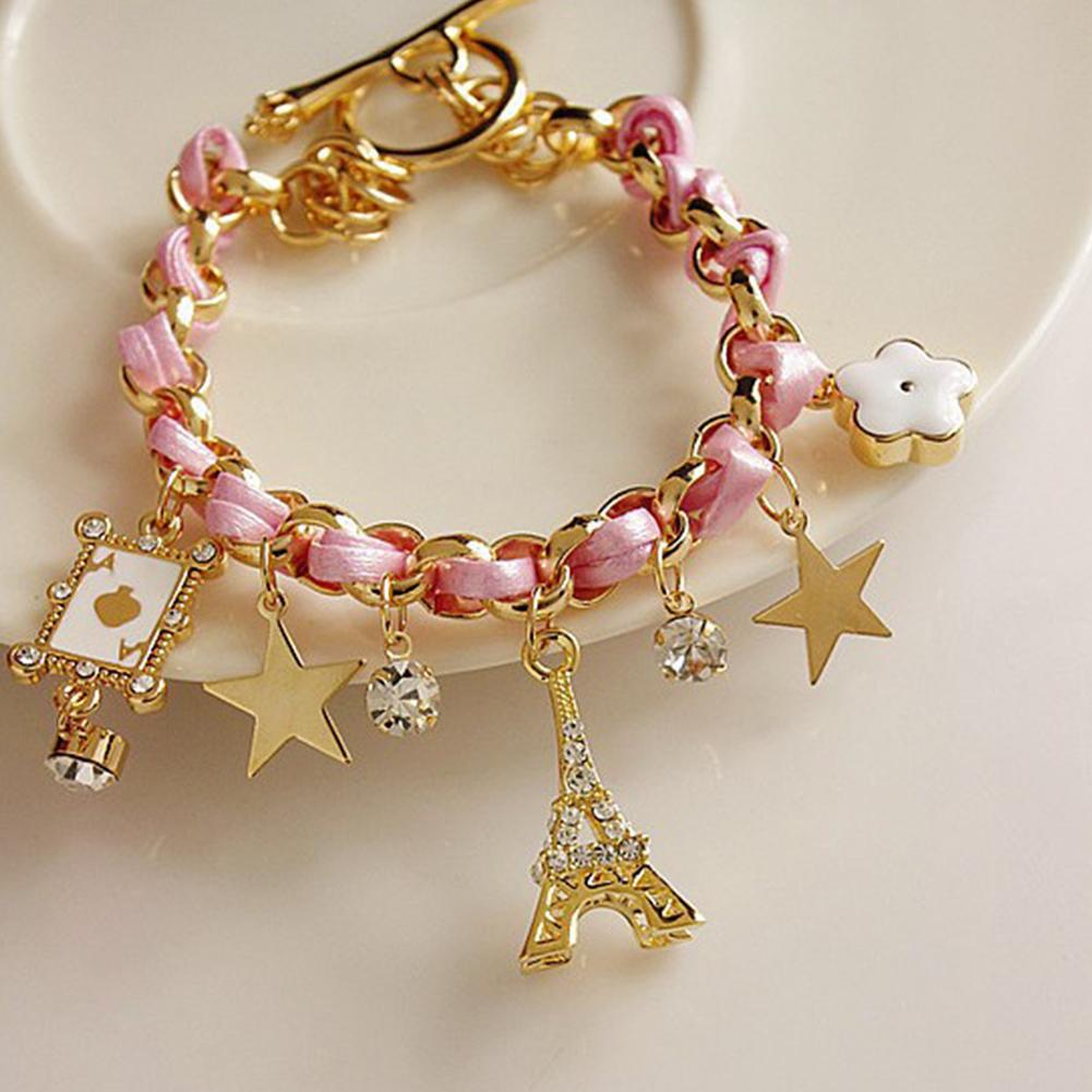 Multielement Gold Chain Leather Rope Crystal Handmade Bracelet Eiffel Tower Star Pendant