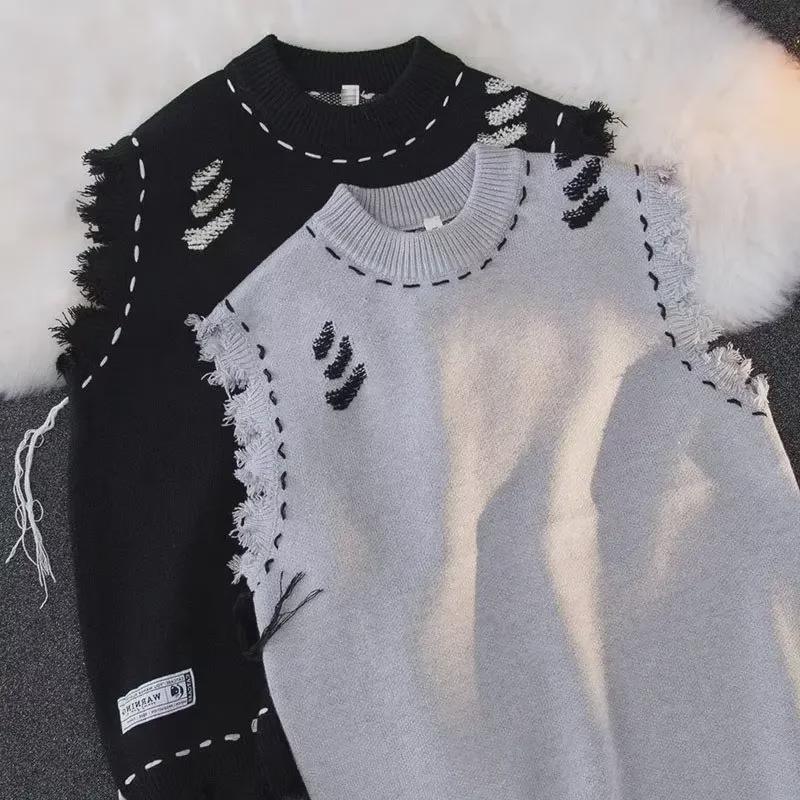2023 Осень Мужской Уличный Потертый Необработанный Край Трикотажный Жилет Свитер