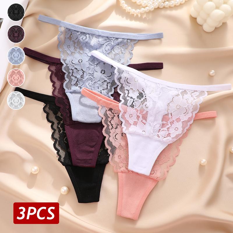 New 3Pcs/Set Sexy Lace Floral Panties For Women Low Waisted Thongs Briefs Sets Fashion Cozy Transparent Intimates Lingerie S-XL