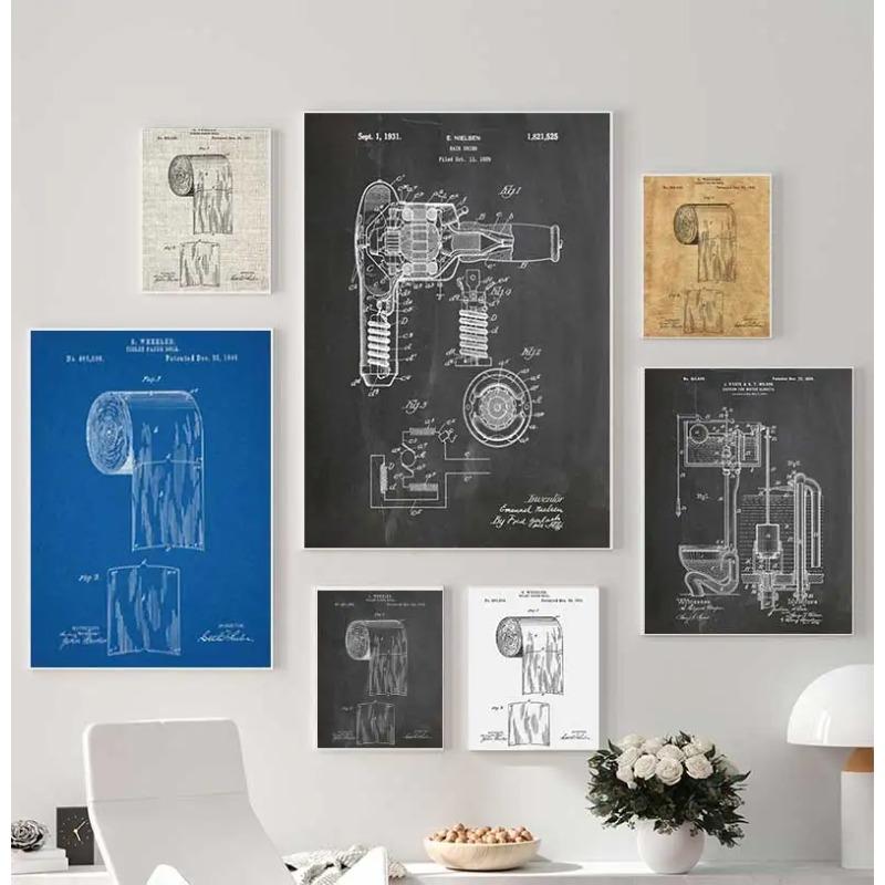 Toilet Paper Patent Vintage Poster, Bathroom Wall Art Prints, Toilet Paper Roll, Canvas Painting Blueprint, Toilet Sign