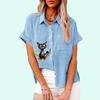 Плюс Размер Женская модная футболка с принтом Лето и осень Повседневная льняная рубашка на пуговицах Женская свободная блузка с короткими рукавами