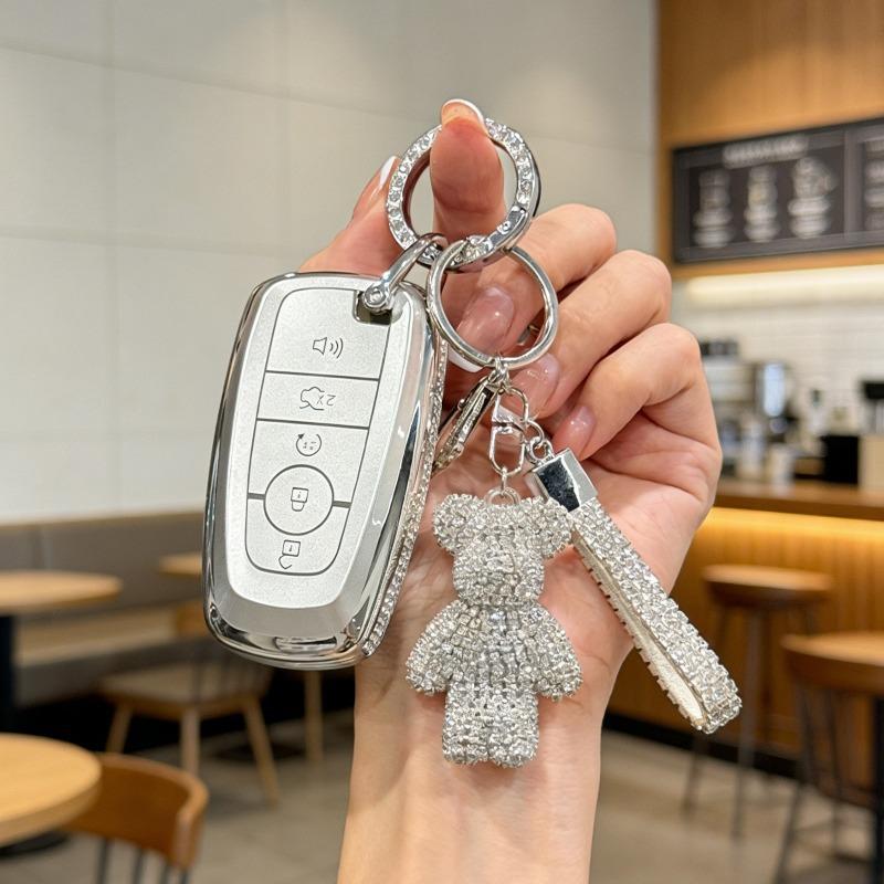 [ Side Diamonds ] 4 Buttons TPU Car Key Case Cover Shell Fob for Ford Fusion Edge Escape Explorer Taurus Expedition Ranger F-150