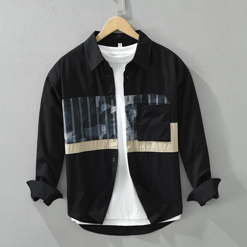 Корейская модная белая рубашка с длинным рукавом, мужская весенне-летняя мужская одежда из чистого хлопка, уличный стиль, свободный топ, лоскутная рубашка с принтом и карманом