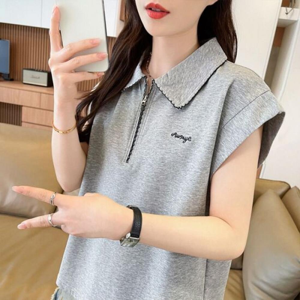 Navava Women Casual Embroidery Half Zip Collar Cap Sleeve T shirT nT3343