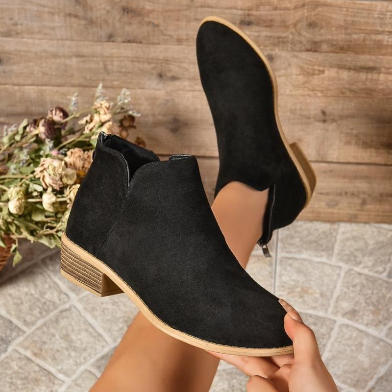 Zapatos para Mujer de Talla Grande con Estilo Británico, Color Sólido, Punta Fina, Diseño Casual, Cremallera Trasera, Tacón Bajo, Tacón Grueso, Zapatos de Mujer