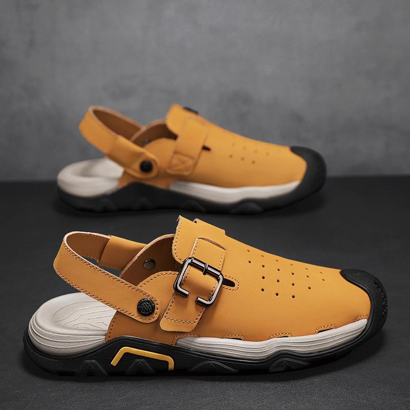 Модные мужские сандалии из перфорированной кожи, летние классические шлепанцы двойного назначения, мягкие, модные, повседневные, удобные, для улицы, пляжа, ходьбы