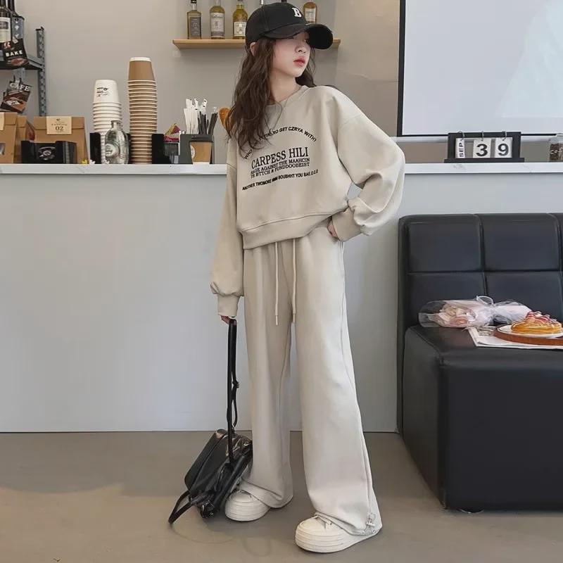 Girls' Korean Casual Suit: Spring/Autumn Letter Sweatshirt and Straight Trousers Set for Older Children
