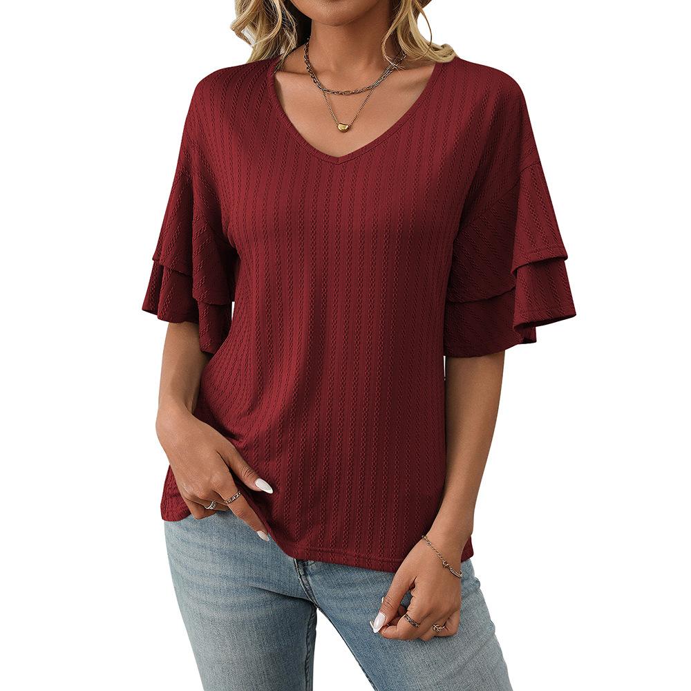 Women's 2025 V-Neck Ruffled Sleeve Short Sleeve T-Shirt, Solid Color Casual Summer Blouse with Flowy Hem for Daily & Vacation Outfits