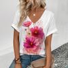 Summer New 3D Printe T-shirt Women's V-neck Top Summer Daily  Short-sleeved White Comfortable Street T-shirt