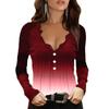 Women Fall Lace V-neck Long Sleeve Gradient Print Button Pullover T Shirt Tops