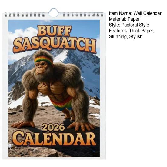 Календарь на стену 2026 Смешной календарь фитнеса Сасквотча 12-месячный календарь Юмористический подарок-прикол на спортивную тематику для мужчин, поклонников криптидов, любителей фитнеса