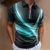 Men's Colorful Striped Printed T-shirt, Zipper, Men's Casual Top, Golf Clothing, Simple and Fashionable Polo, Summer