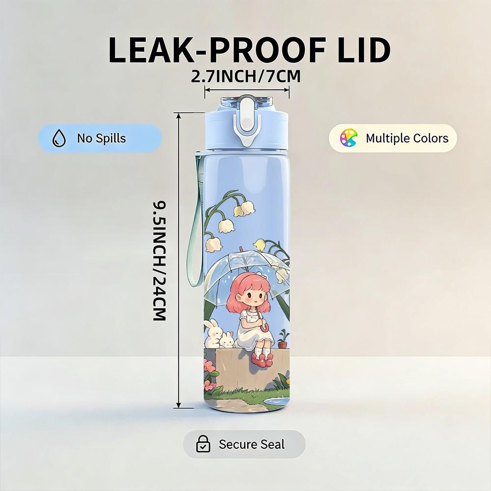 1PC Little Girl Garden Flower Scene Print 750ml Color Plastic Sports Water Bottle Leakproof Flip Straw Lid Suitable for Sports Office Home Use