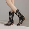 Fashion Black Embroidered Western Cowboy Boots Hick Heel Mid Boots Bohemian Knight Boots Short Booties