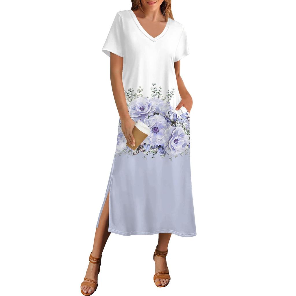 Women's Summer Floral Print Dress Short Sleeve Beach Dress With Pocket Casual V-neck Hem Side Slit Dress