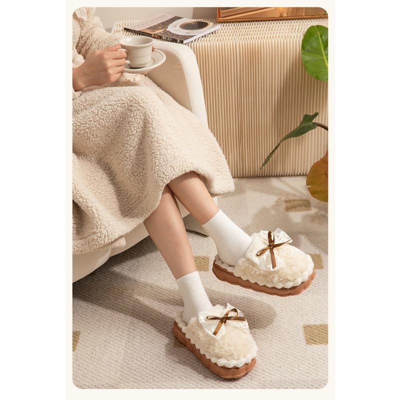 Хлопковые тапочки для женщин зимой дома девичьи сердечки бант кружева теплые плюшевые и завернутые тапочки