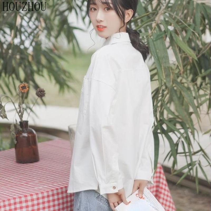 HOUZHOU белая рубашка женская с карманом и длинным рукавом размера плюс для студентов, милая корейская шикарная классика
