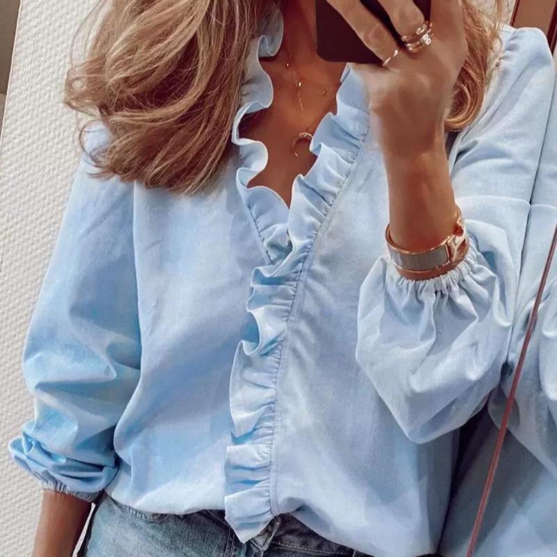 Spring and Summer New European and American Long Sleeved Ruffled Shirt Women's Shirt