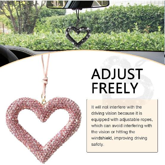 Bling Heart Car Hanging Accessories, Crystal Rhinestone Rearview Mirror Hanging Ornaments, Cute Diamond Rear View Mirror Charm Pendant Ornaments,