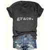 Women's Casual Short Sleeve Crew Neck T-Shirt - Black with White "Grace" Letter Print, Medium Stretch Fabric, Machine Washable,