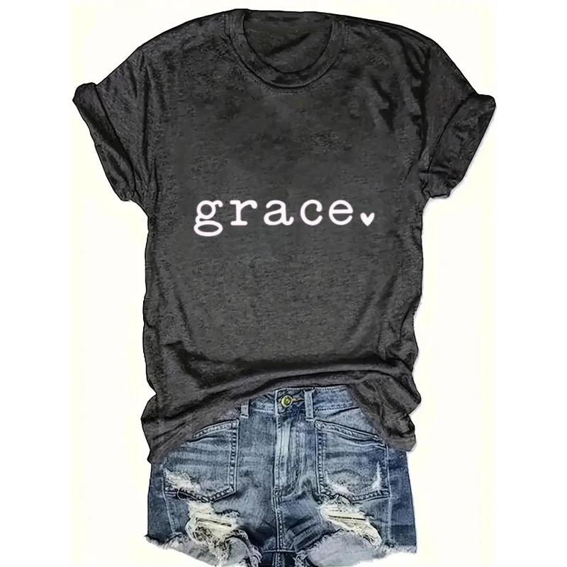 Women's Casual Short Sleeve Crew Neck T-Shirt - Black with White "Grace" Letter Print, Medium Stretch Fabric, Machine Washable,