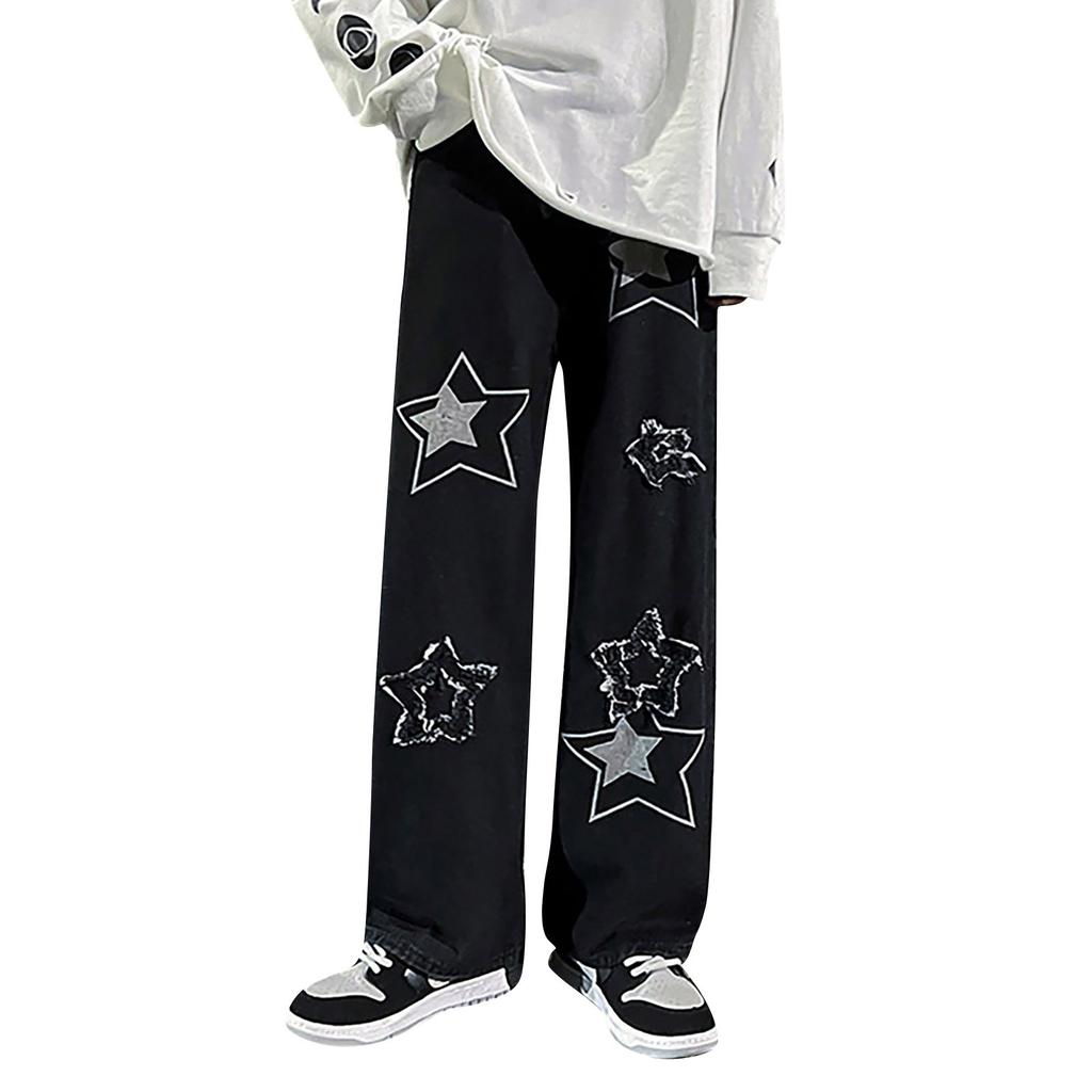 Men's Retro-style Jeans, Autumn Street Style, Furry Five-pointed Star Loose Wide-leg Pants
