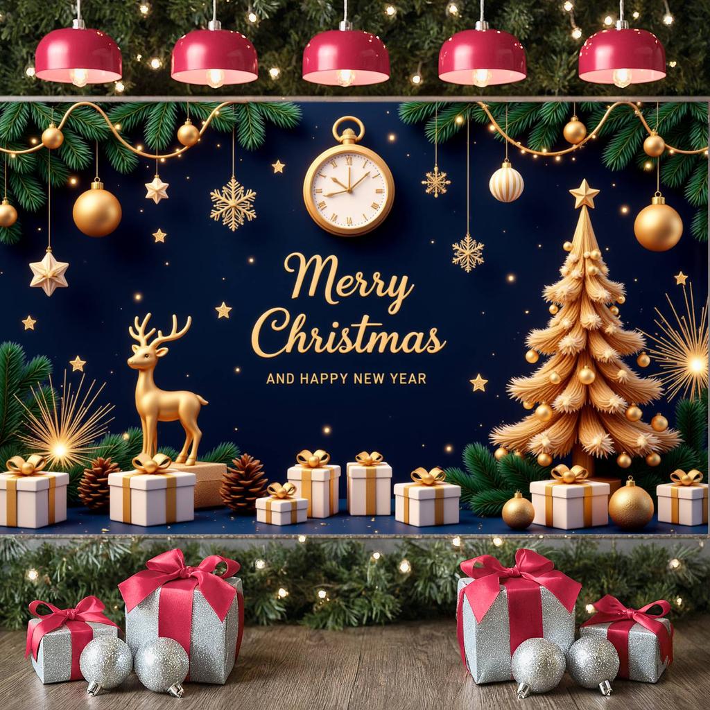 New Year Banner Gift Box Decor Holiday Event Banner Christmas Party Banner Christmas Tree Design For New Year Eve Christmas Eve