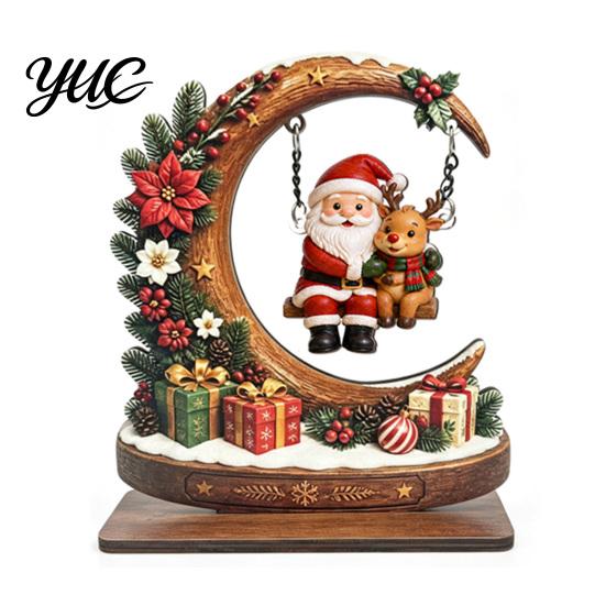 Compact Festive Tabletop Accents Wooden Christmas Tree Ornament, Santa Snowman Reindeer Crescent Moon Swing Desktop Ornament Decor for Home