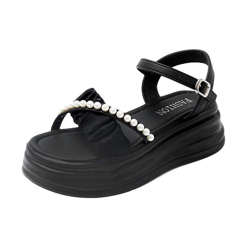 Летние бежевые босоножки на каблуке 2025 года, пляжная обувь, черные, новые, с жемчугом, плоские, удобные клоги, для девочек, с ремешком-пряжкой, тканевые, резиновые, сандалии, так