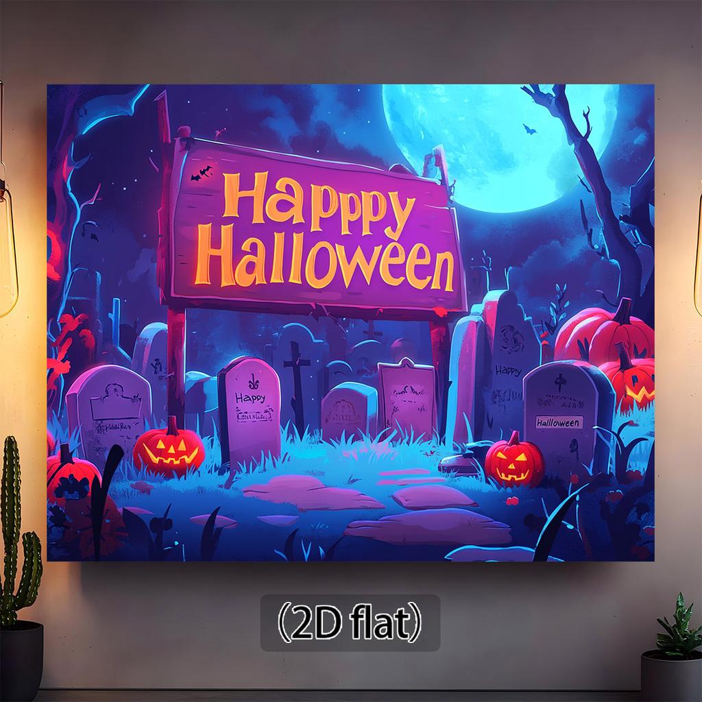 1 piece of Halloween polyester background cloth - Happy Halloween slogan cemetery scene suitable for Halloween decoration